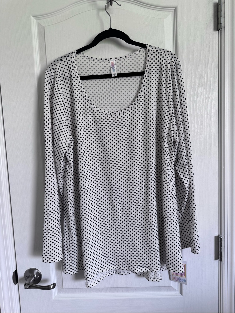 LuLaRoe White Long Sleeve Scoop Neck Top with Black Polka Dots